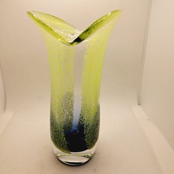 Vintage Hand Blown Lime Green & Purple Tulip Art Glass Vase - Picture 1 of 4